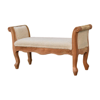 Elise Bedroom Bench Cream Bouclé Upholstered Hand-Carved Cabriole Legs Scrolled Arms – rear view showing cream bouclé upholstery and cabriole leg construction