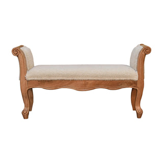 Elise Bedroom Bench Cream Bouclé Upholstered Hand-Carved Cabriole Legs Scrolled Arms – front view on white background