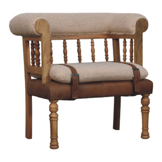 Angled view of Elowen Hallway Bench bouclé Seat Buffalo Leather Panel Spindle Back Oak Frame