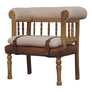 Front view of Elowen Hallway Bench bouclé Seat Buffalo Leather Panel Spindle Back Oak Frame