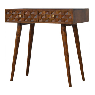 Side angle view of Ember Console Table with Drawers Diamond Carved Chestnut Mango Wood