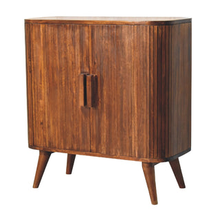 Side angle view of Ember Drinks Cabinet Oval Ribbed Chestnut Twin-Door Recessed Tab Pulls