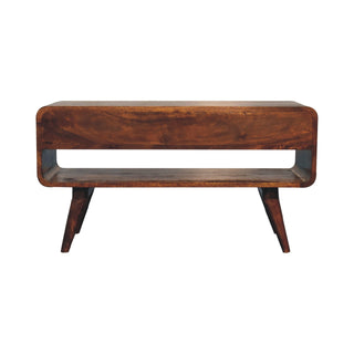 Side angle view of Ember Media Unit Chestnut Mango Wood Reverse-Curve Body Twin Drawers with Nordic Tapered Legs