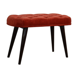 Angled view of Ember Upholstered Bench Brick Red Velvet Deep Button Tufted Compact Nordic Legs