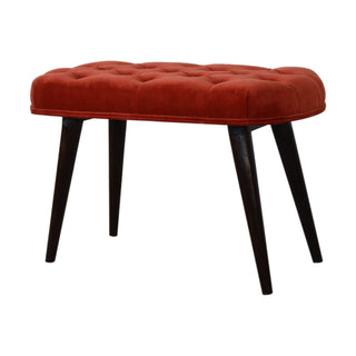 Front view of Ember Upholstered Bench Brick Red Velvet Deep Button Tufted Compact Nordic Legs