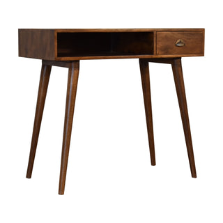 Side angle view of Ember Writing Desk Mango Wood Chestnut Shell Handle Drawer with Open Slot