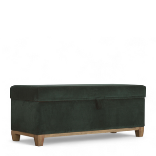 Side view of Emerald Green Velvet Storage Ottoman Box, showing the upholstered seat, legs and silhouette