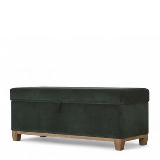 Back view of Emerald Green Velvet Storage Ottoman Box, showing the upholstered seat, legs and silhouette