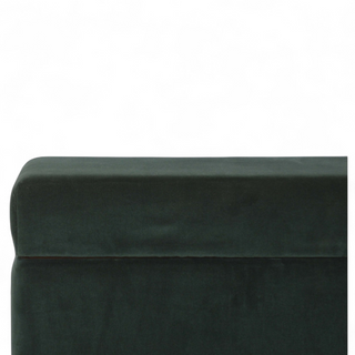 Seat detail view of Emerald Green Velvet Storage Ottoman Box, showing the upholstered seat, legs and silhouette