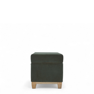 Rear angle view of Emerald Green Velvet Storage Ottoman Box, showing the upholstered seat, legs and silhouette