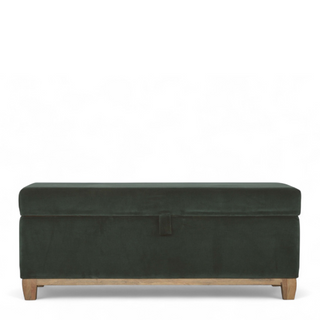 Front view of Emerald Green Velvet Storage Ottoman Box, showing the upholstered seat, legs and silhouette