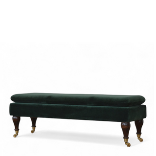 Side view of Emerald Velvet Storage Bench with Castor Legs, showing the upholstered seat, legs and silhouette