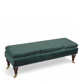 Back view of Emerald Velvet Storage Bench with Castor Legs, showing the upholstered seat, legs and silhouette