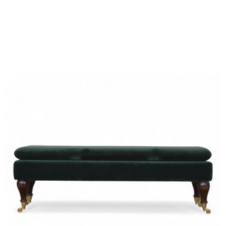 Front view of Emerald Velvet Storage Bench with Castor Legs, showing the upholstered seat, legs and silhouette