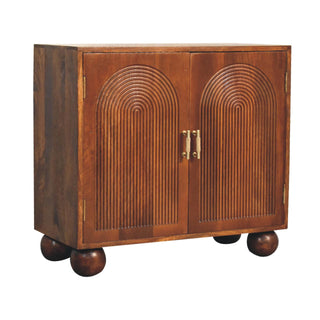 Side angle view of Encore Sideboard Cabinet Art Deco Concentric Arch Relief Carved Chestnut Ball Feet