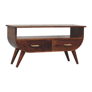 Side angle view of Esme Media Unit Chestnut Finish Curved Body Gold T-Bar Drawers