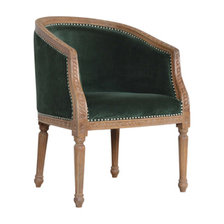 Angled view of Everly Accent Chair Emerald Velvet Studded Open Frame Turned Leg