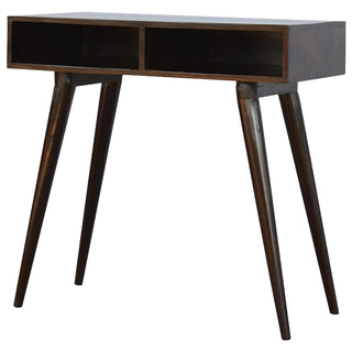 Side angle view of Evren Writing Desk Mango Wood Dual Open Shelves with Contrast Edge