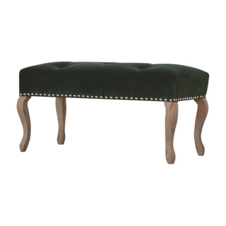 Angled view of Fable Bedroom Bench Emerald Green Velvet Button Tufted Antique Brass Studs French Cabriole
