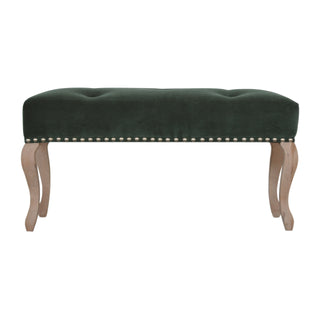 Front view of Fable Bedroom Bench Emerald Green Velvet Button Tufted Antique Brass Studs French Cabriole