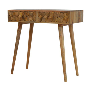 Side angle view of Facet Console Table with Drawers 3D Cube Carved Natural Oak Mango