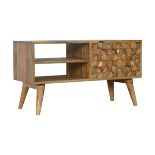 Side angle view of Facet Media Unit Natural Oak Mango Wood 3D Cube Faceted Carved Mosaic Drawers with Nordic Legs