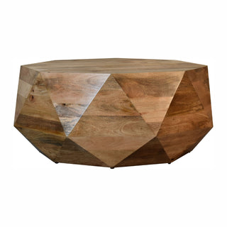 Side angle view of Facet Round Coffee Table Solid Mango Wood Faceted Diamond Cut Natural