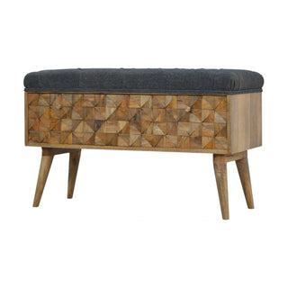 Angled view of Facet Storage Bench Grey Tweed Button Tufted Lift-Top Hand-Carved Diamond Front Nordic Legs