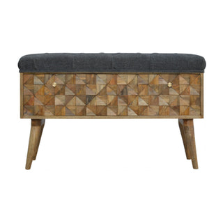 Front view of Facet Storage Bench Grey Tweed Button Tufted Lift-Top Hand-Carved Diamond Front Nordic Legs