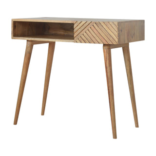 Side angle view of Fenix Writing Desk Mango Wood Dual Herringbone-Carved Drawers with Open Slot