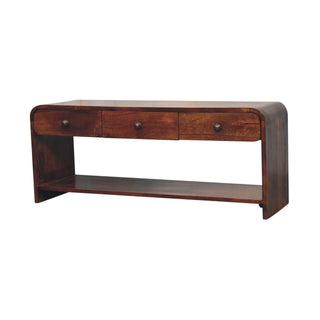 Side angle view of Fenn Media Unit Chestnut Finish Triple Drawers Metal Sled Base