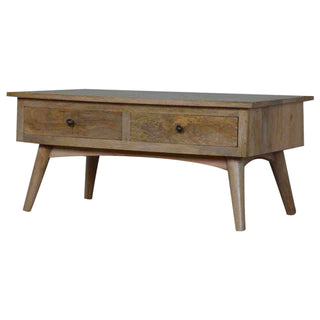 Side angle view of Fern Coffee Table with Drawers Solid Mango Wood Dovetail Splayed Legs