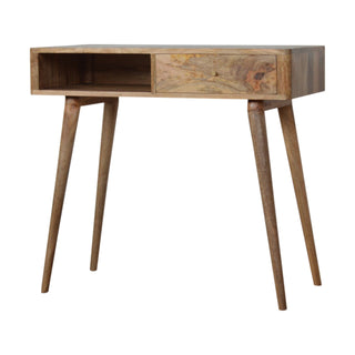 Side angle view of Fern Writing Desk Mango Wood Resin Leaf Embossed Top with Flush Drawer