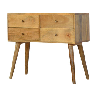 Side angle view of Ferne Console Table with Drawers Natural Mango Wood Brass Knobs