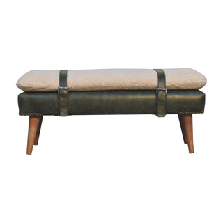 Front view of Ferne Entryway Bench Bouclé and Olive Green Leather Belted Strap Natural Oak Legs