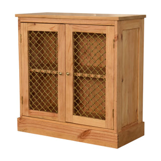 Side angle view of Finch Display Cabinet Wire Mesh Cage Doors Natural Pine Twin-Door Plinth Base