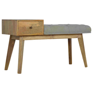 Angled view of Finch Hallway Bench Grey Tweed Button Tufted Single Drawer Wood Knob Natural Oak Legs