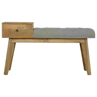 Front view of Finch Hallway Bench Grey Tweed Button Tufted Single Drawer Wood Knob Natural Oak Legs
