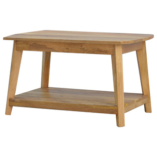 Side angle view of Flax Coffee Table Solid Mango Wood Lower Shelf Angled Scandi Legs Natural Blonde