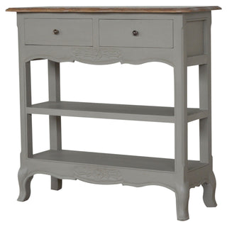 Side angle view of Fleur Console Table with Storage Grey Painted French Shabby Chic Oak Top