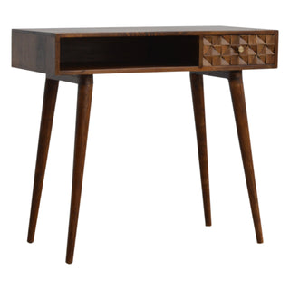 Side angle view of Flint Writing Desk Mango Wood Diamond Cube-Carved Drawer Chestnut with Open Slot