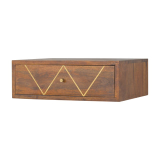 Side angle view of Floating Chestnut Bedside Table with Gold Brass Inlay