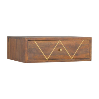 Side view of Floating Chestnut Bedside Table with Gold Brass Inlay with chestnut brass floating