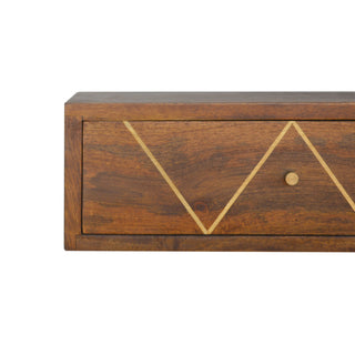 Close-up of brass hardware on Floating Chestnut Bedside Table with Gold Brass Inlay