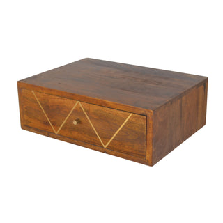Finish detail view of Floating Chestnut Bedside Table with Gold Brass Inlay