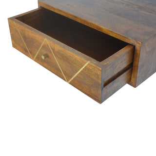 Storage view of Floating Chestnut Bedside Table with Gold Brass Inlay with chestnut brass floating