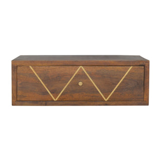 Front view of Floating Chestnut Bedside Table with Gold Brass Inlay with chestnut brass floating