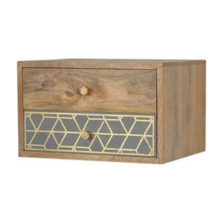 Side view of Floating Gold Dice Pattern Bedside Table | Wall-Mounted, showing the storage shape and furniture finish