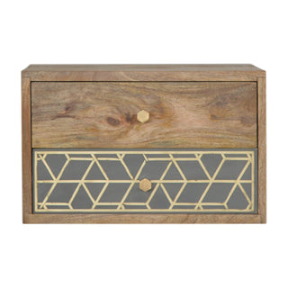 Front view of Floating Gold Dice Pattern Bedside Table | Wall-Mounted, showing the storage shape and furniture finish