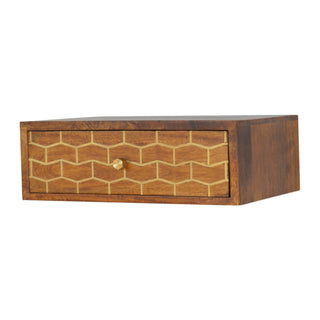 Side angle view of Floating Gold Pattern Bedside Table | Wall-Mounted Chestnut